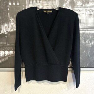 St John Basics Black‎ Santana Knit Sweater Wrap V Neckline Crossover Size Medium